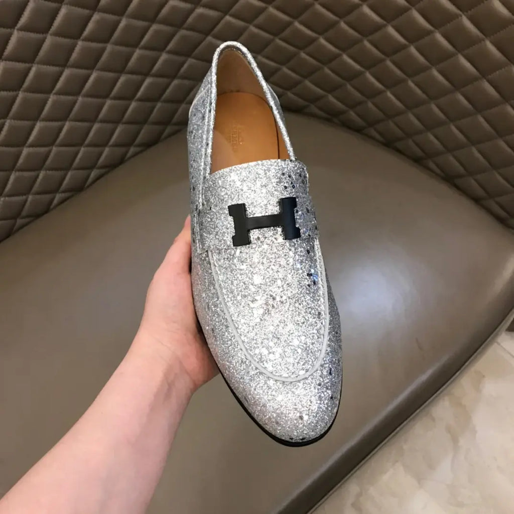 Hermes Paris H Silver Glitter Loafers
