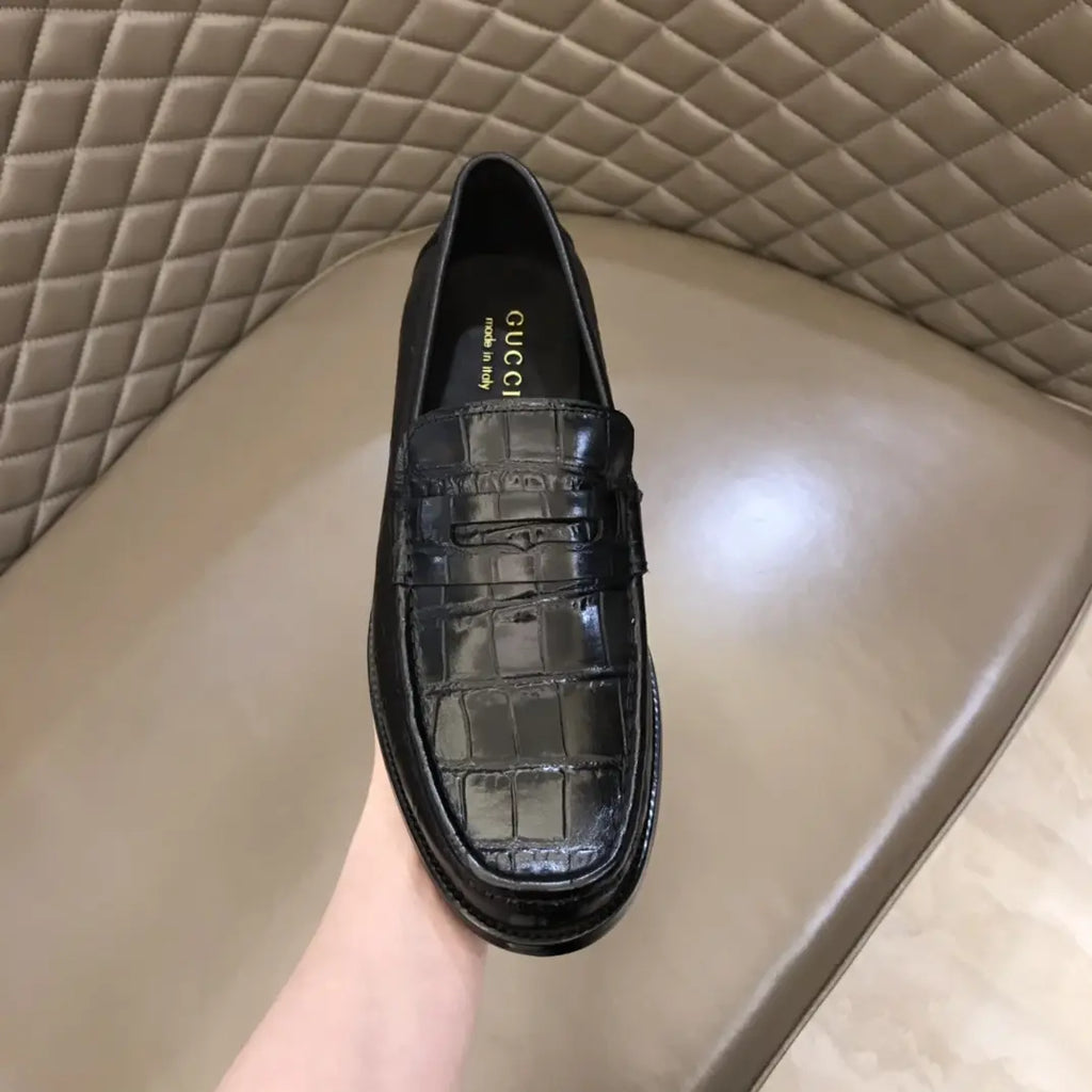 Gucci Crocodile Skin Black Leather Loafers
