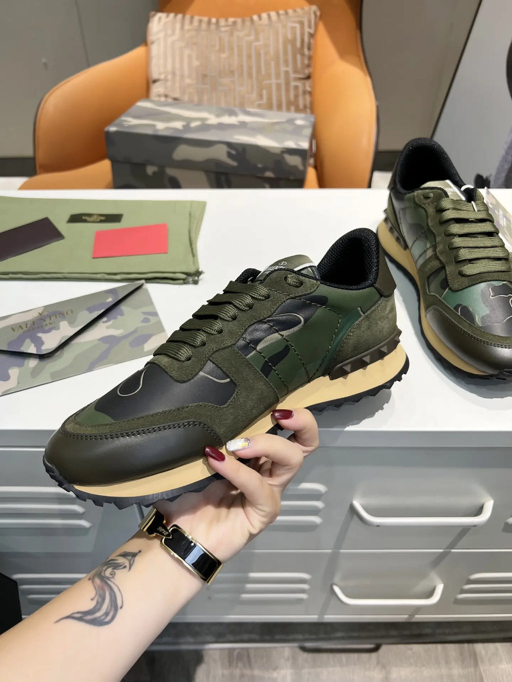 Valentino Rockrunner Green Black Camo Sneakers