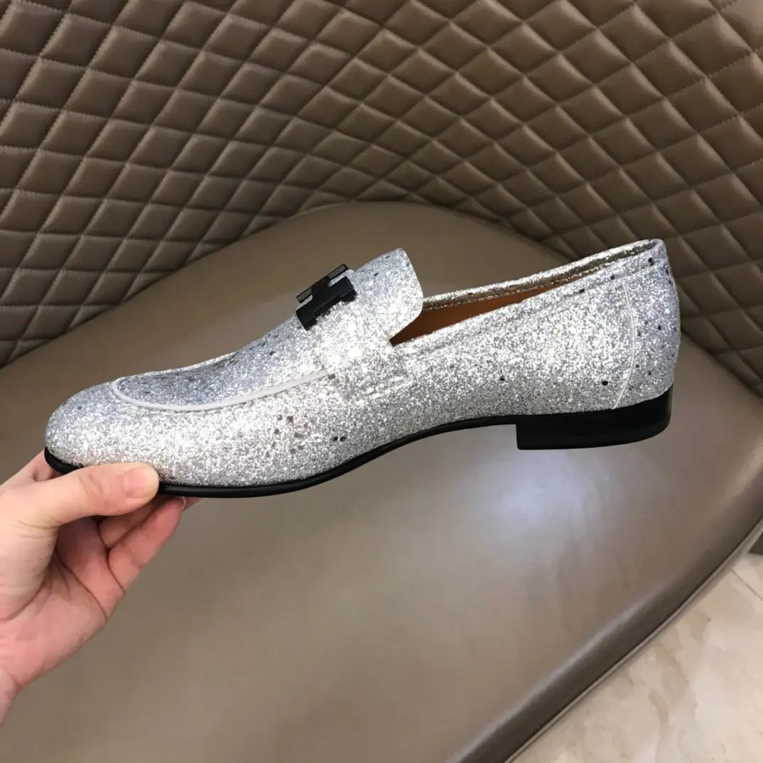 Hermes Paris H Silver Glitter Loafers