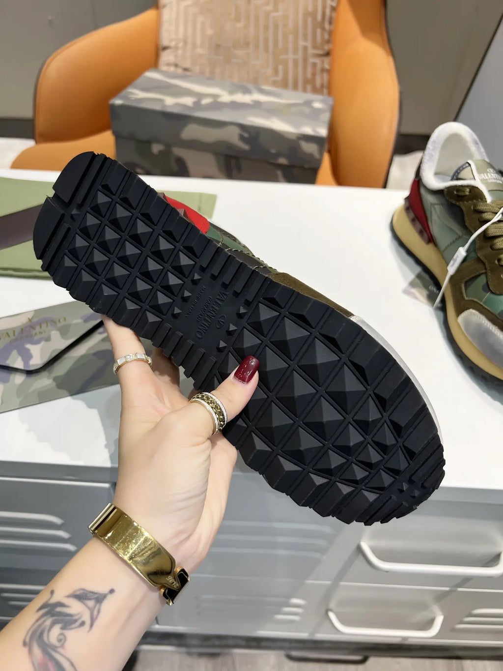 Valentino Rockrunner Green Camo Red Sneakers