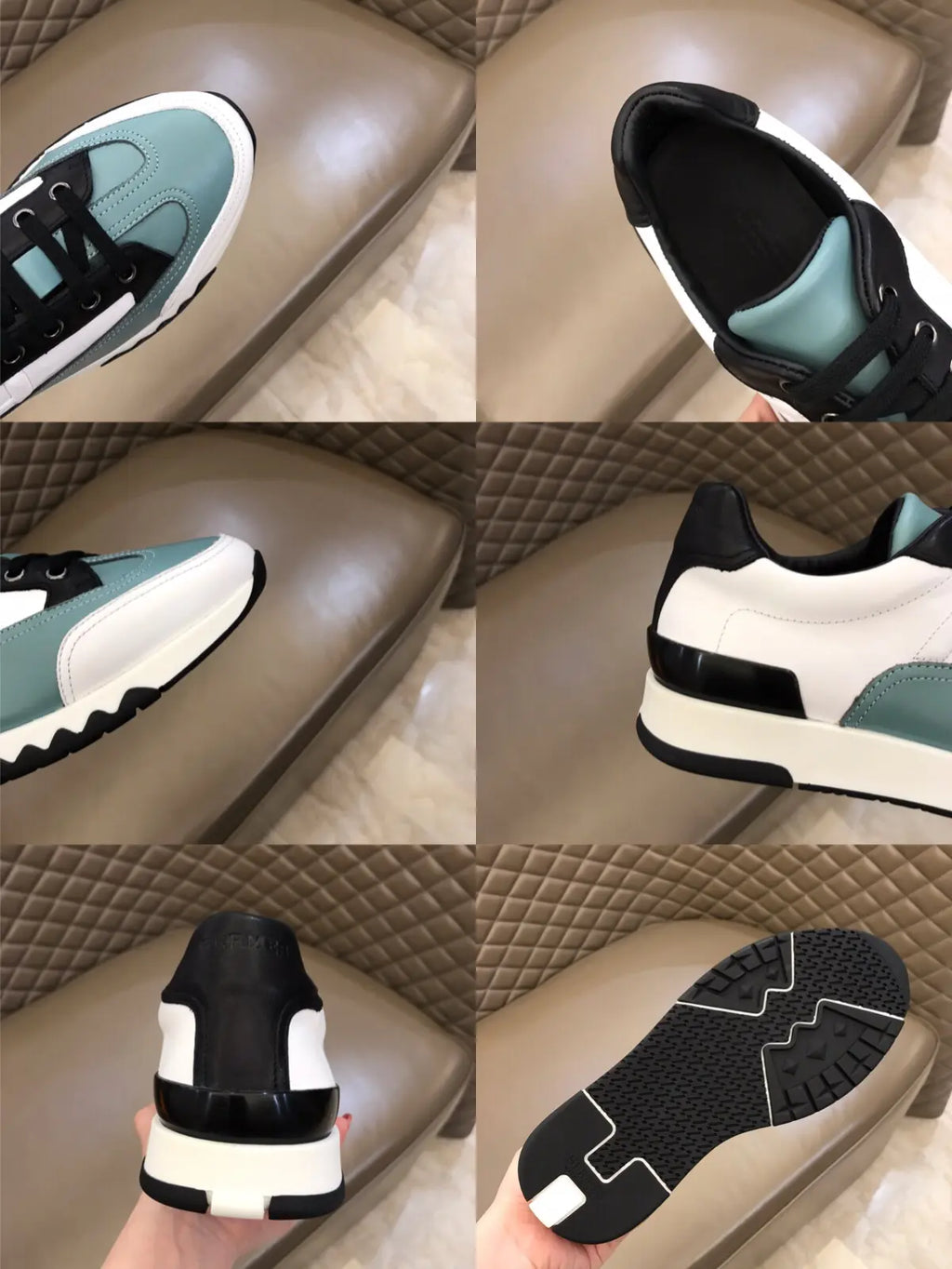 Hermes White Black Mint Green Sneakers