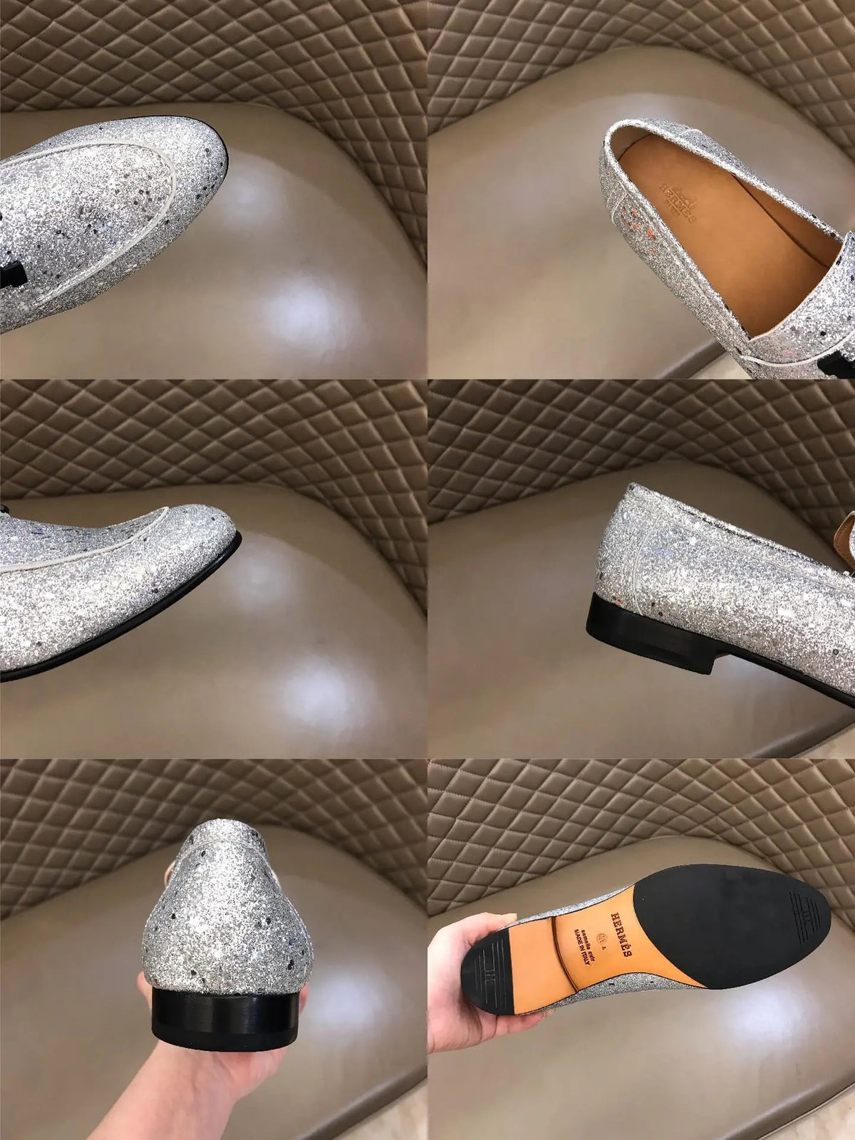 Hermes Paris H Silver Glitter Loafers