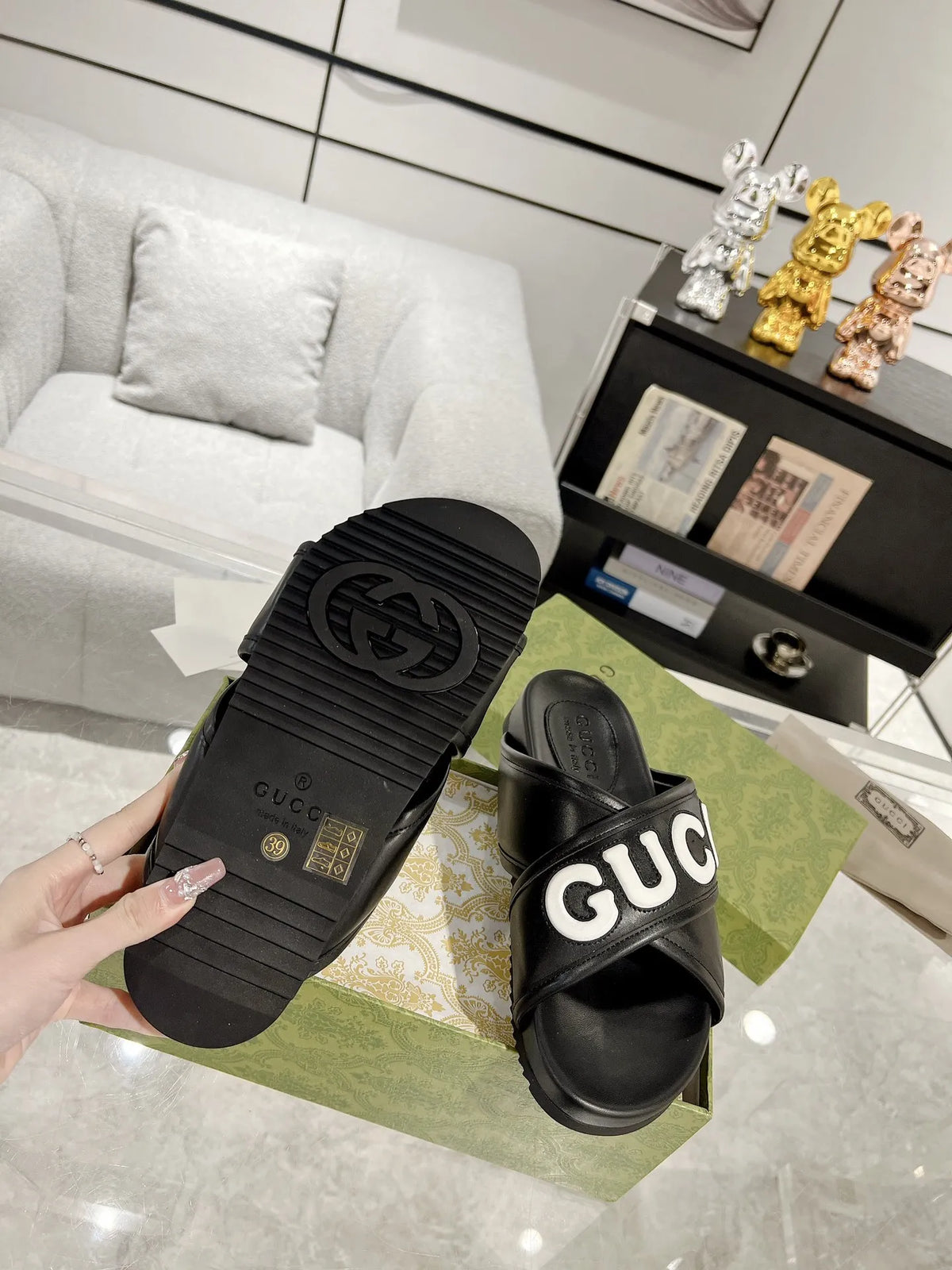 Gucci Logo Black White Slides